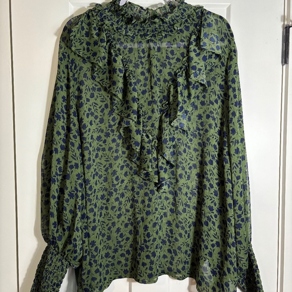 Eloquii Elements Long Sleeve Green & Navy Floral Sheer Top with Ruffle Details - Picture 1 of 5